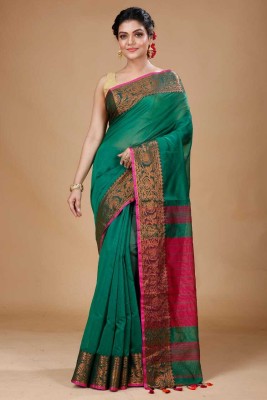 FASHIONIUM Woven Handloom Cotton Silk Saree(Dark Green, Pink)