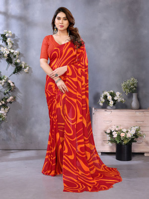 Vichitra Printed Bollywood Chiffon Saree(Red)