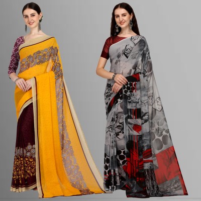 Anand Sarees Printed Daily Wear Georgette Saree(Pack of 2, Purple, Light Blue, Grey, Yellow)