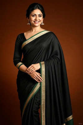 Montauk Fabians Solid/Plain, Woven Banarasi Nylon Saree(Black)