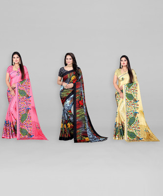 Leelavati Printed Daily Wear Crepe Saree(Pack of 3, Multicolor)