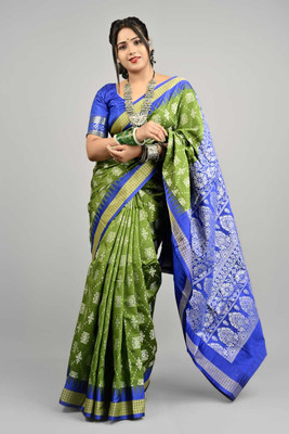 Sijileen Woven, Temple Border Sambalpuri Silk Blend Saree(Green)