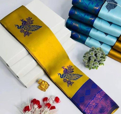 WOMENELEGENCE Embellished Banarasi Pure Silk Saree(Yellow)