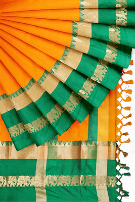 Vrinda Fashion Woven Narayanpet Cotton Silk, Pure Silk Saree(Yellow)