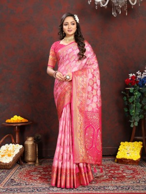 YUG ART Woven Patola Organza Saree(Pink)