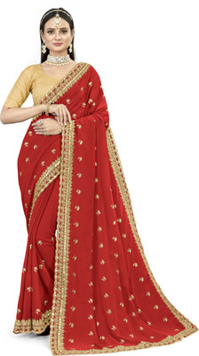 Om Creation Embroidered Bollywood Georgette Saree(Red)
