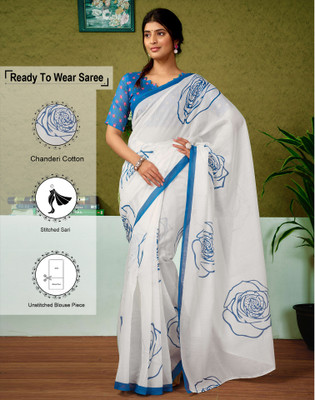 Satrani Floral Print, Geometric Print, Printed Sambalpuri Chanderi, Cotton Blend Saree(Blue, White)