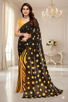 SmittenSmit Printed Bollywood Georgette Saree(Black, Yellow)