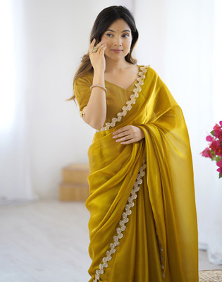 Satrani Embroidered Bollywood Tissue Saree(Mustard)