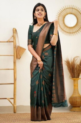 HouseOfCommon Striped Banarasi Pure Silk Saree(Green)
