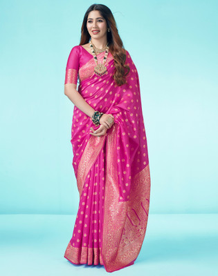 Samah Woven, Embellished Banarasi Silk Blend Saree(Pink, Gold)