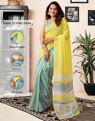 Samah Geometric Print, Printed Daily Wear Cotton Blend, Chanderi Saree(Yellow, Green)