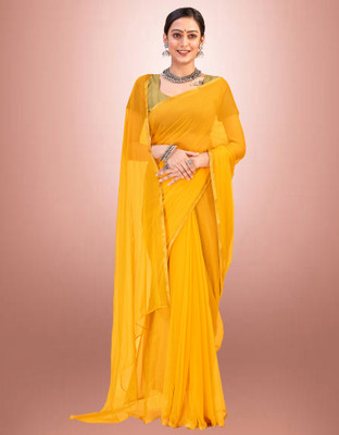 JiproStore Solid/Plain Bollywood Lycra Blend Saree(Yellow)