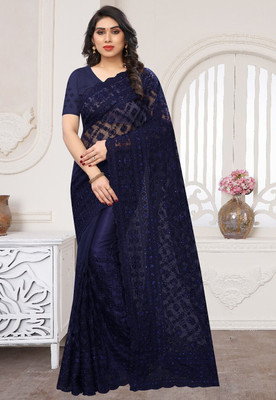 SILK SAREE HUB Embroidered Bollywood Net Saree(Blue)