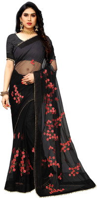 DWINIZAA STORE Embroidered Bollywood Net Saree(Black)