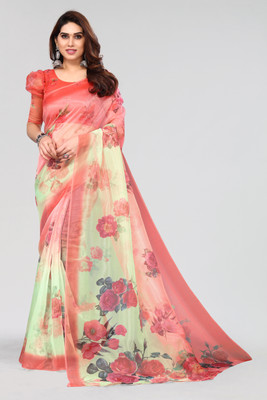 Winza Designer Floral Print, Printed Daily Wear Organza Saree(Light Green, Red)