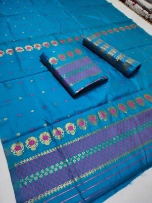 S P CREATION Woven Mekhela Chador Silk Blend Saree(Light Blue)