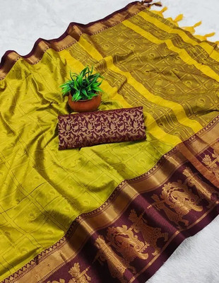 FashionPallavi Woven Dharmavaram Cotton Silk, Jacquard Saree(Yellow, Maroon)