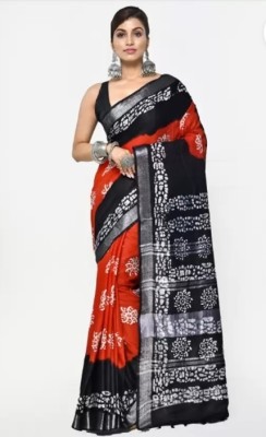 Shree Ethnic Printed Hand Batik Handloom Cotton Linen Saree(Orange, Black)