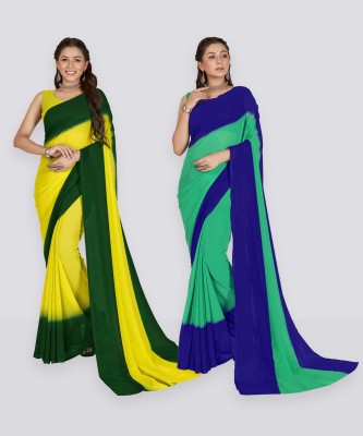 Anand Sarees Color Block, Ombre Bollywood Georgette Saree(Pack of 2, Dark Blue, Light Blue, Dark Green, Green)