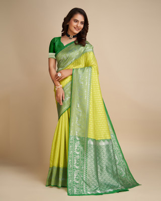 Anjaneya Sarees Self Design Banarasi Silk Blend Saree(Yellow)