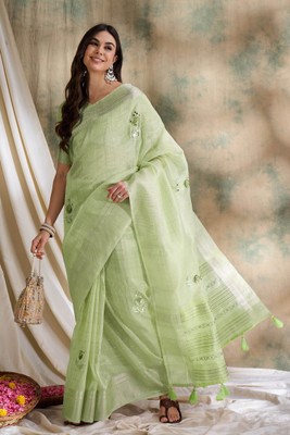 Sangria Embroidered Kalamkari Cotton Blend Saree(Green)
