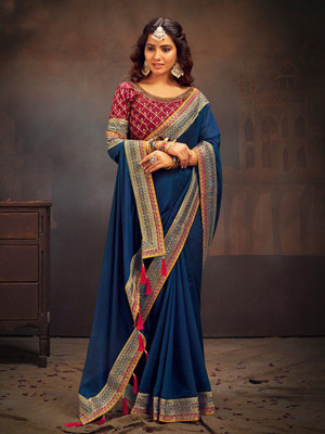 ANOUK Embroidered Bollywood Silk Blend Saree(Blue)