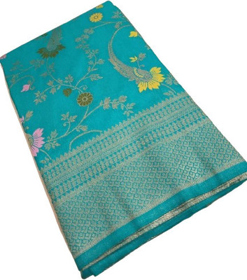 Kashi Silk Woven, Floral Print Banarasi Satin Saree(Blue)