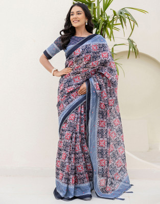 all about you Printed Bollywood Cotton Blend Saree(Grey, Pink)
