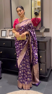 Kanjivaram Woven, Embroidered, Self Design Kanjivaram Pure Silk, Jacquard Saree(Purple, Gold)