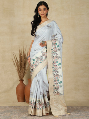 Tasrika Printed Banarasi Silk Blend Saree(Grey)