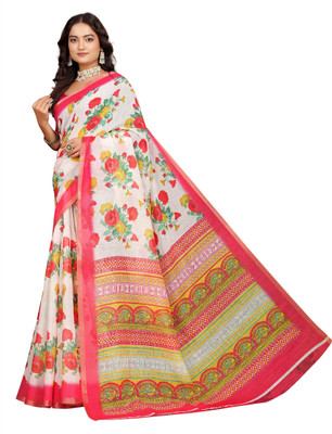 ASHTA Printed Kanjivaram Pure Cotton, Cotton Linen Saree(White, Pink)