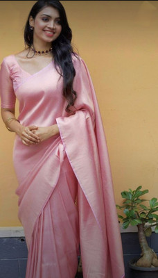 Banaras silk palace Solid/Plain Banarasi Raw Silk Saree(Pink)