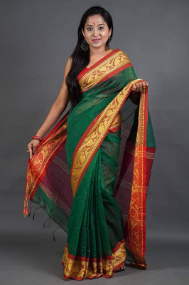 HouseOfCommon Solid/Plain Handloom Cotton Silk Saree(Green)