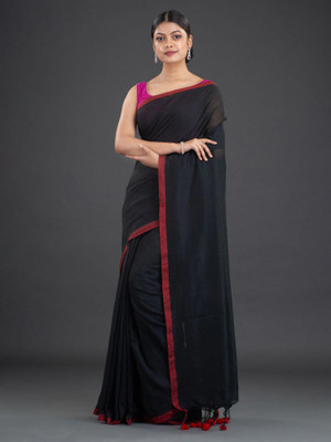 SIKDAR TEXTILE Solid/Plain Handloom Cotton Blend Saree(Black)
