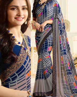 MEETVIN COUTURE Printed, Self Design, Digital Print, Embroidered, Floral Print, Solid/Plain Daily Wear Georgette, Chiffon Saree(Blue)