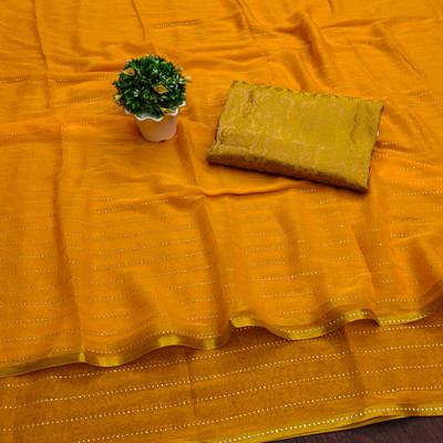tikli Striped Bollywood Chiffon Saree(Gold)