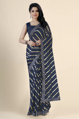 miracletex Striped Bollywood Lycra Blend Saree(Black)