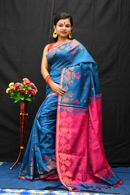 AMIT STORE Self Design Handloom Cotton Blend Saree(Light Blue)