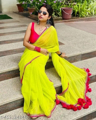 Vragi Embroidered Leheria Georgette Saree(Green)