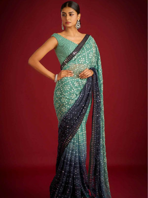 odette Embroidered Saree with Attached Blouse Georgette Saree(Blue)