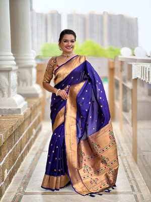 LeeliPeeri Designer Printed Paithani Cotton Silk Saree(Dark Blue)
