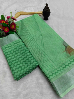ASHTA Floral Print Kanjivaram Pure Cotton, Cotton Silk Saree(Light Green)