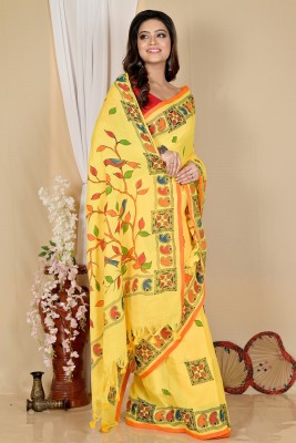 PuJoy Printed Handloom Pure Cotton Saree(Yellow)