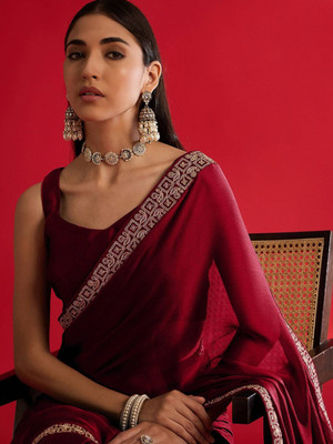 ALPENIKA Temple Border Baluchari Georgette Saree(Maroon)
