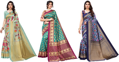 ANIRAV Printed Daily Wear Art Silk Saree(Pack of 3, Light Green, Blue)
