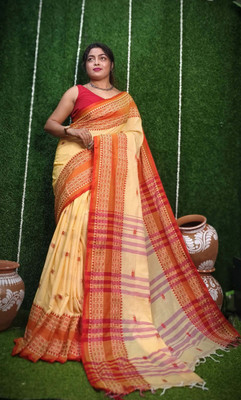 ADbutiq Woven Bollywood Handloom Cotton Blend Saree(White, Yellow)