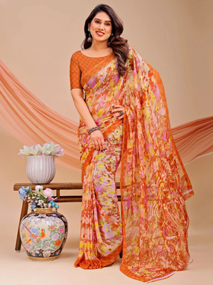Leelavati Printed Bollywood Chiffon Saree(Orange)