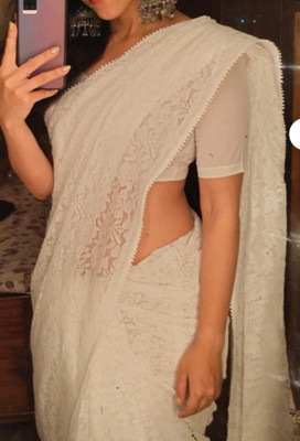 Fashion Field Dyed Bollywood Net Saree(White)