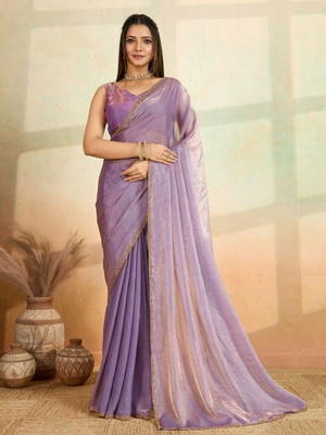 HouseOfCommon Solid/Plain Bollywood Chiffon, Pure Silk Saree(Purple)